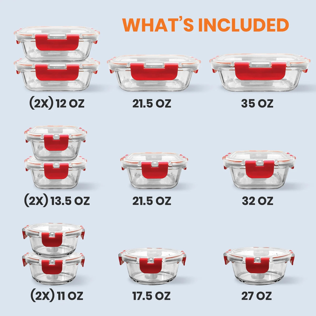 24-Piece Glass Food Storage Set with Locking Hinge Red Lids N3999