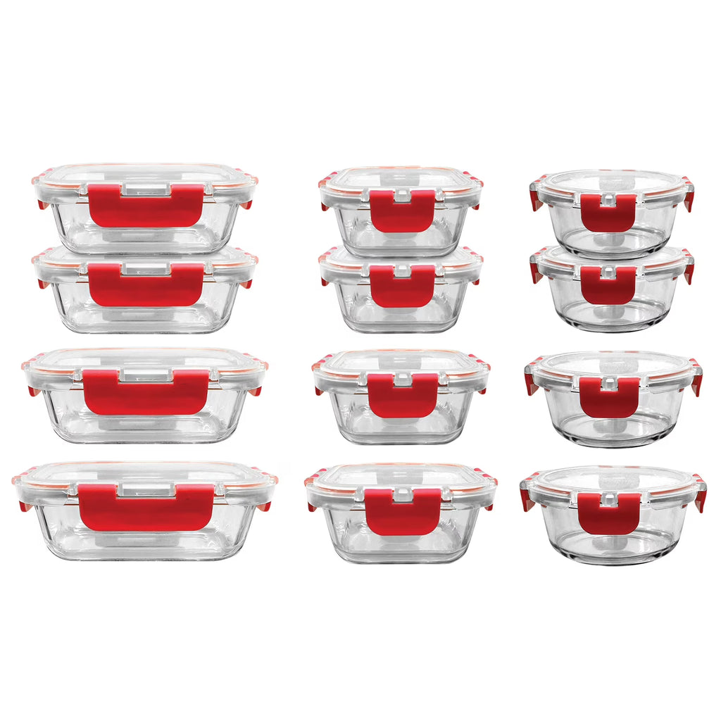 24-Piece Glass Food Storage Set with Locking Hinge Red Lids N3999