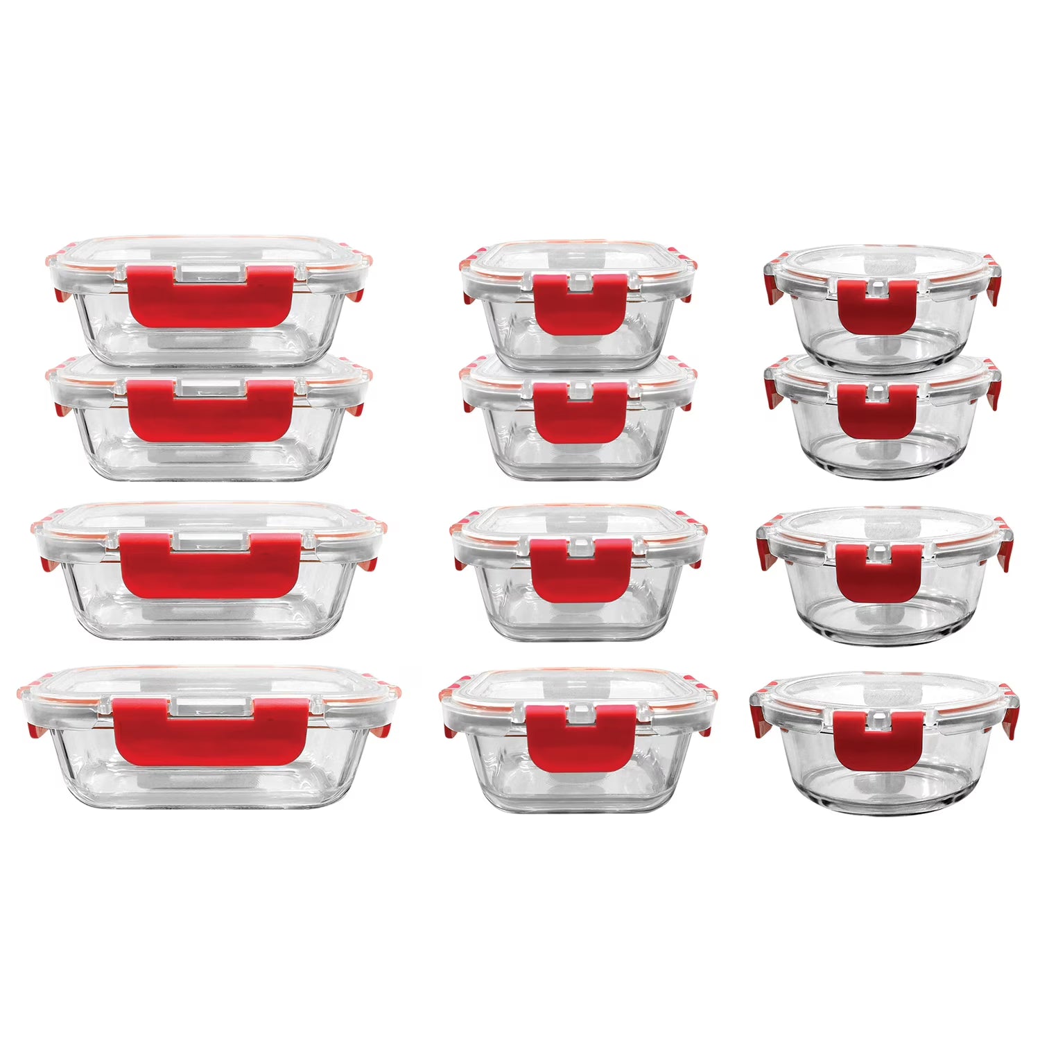 24-Piece Glass Food Storage Set with Locking Hinge Red Lids N3999