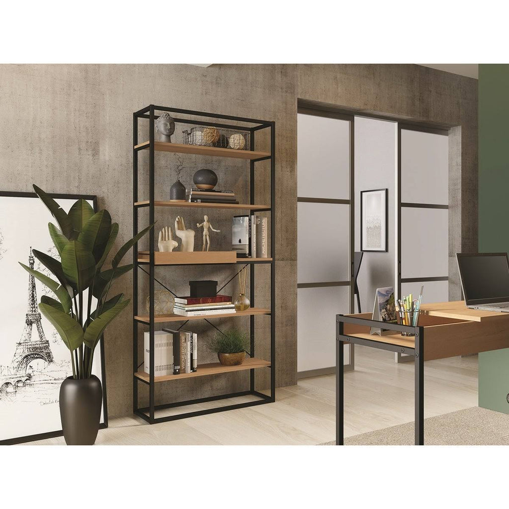 Oak Melamine and Black Painted Metal Bookcase C9224
