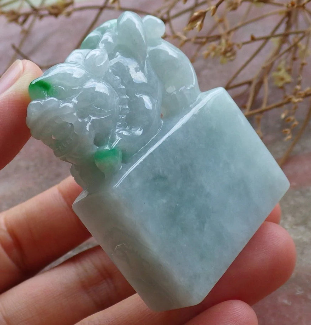 Green Natural Burma Jade Dragon Pi Xiu Chop Seal Display F147