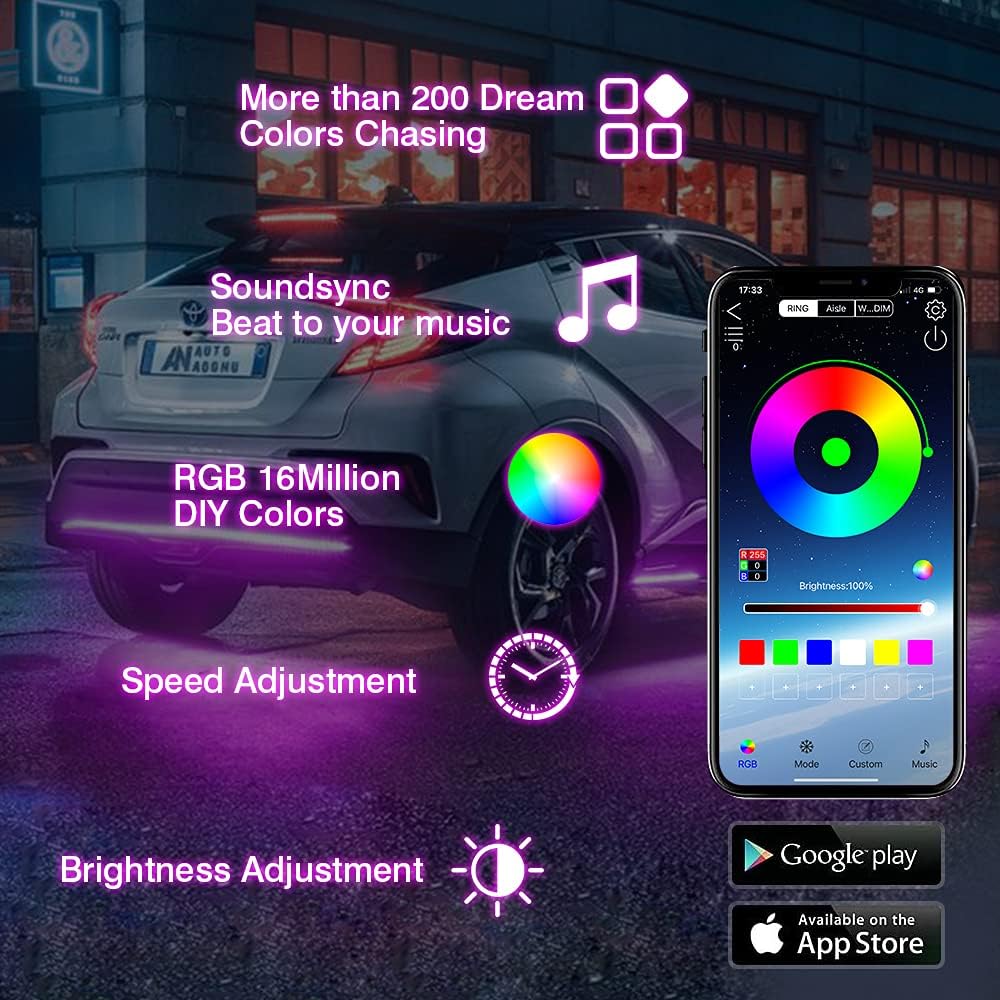 6 Pcs Underglow LED Lighting Kit, Multi Colors, Waterproof (4×60cm+2×150cm) B603968
