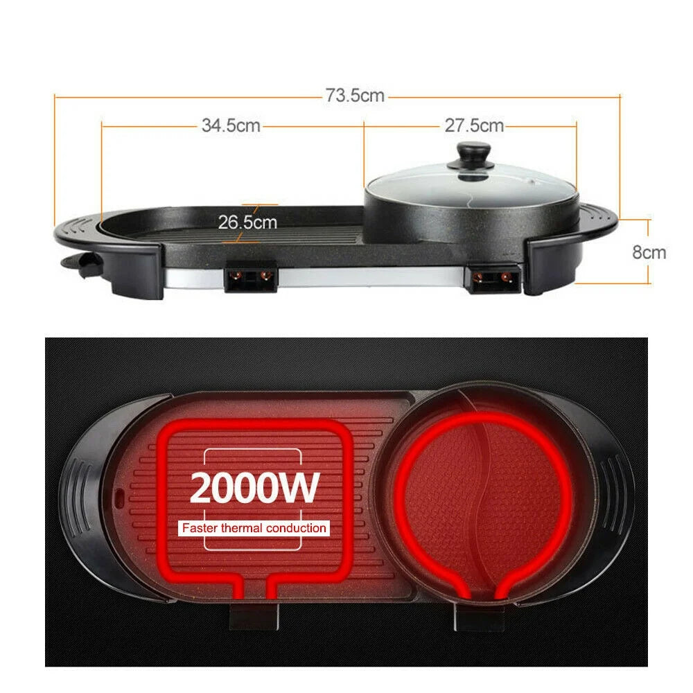 2 in 1 Portable Electric Hot Pot Barbecue Grill Non-Stick Pan K8234