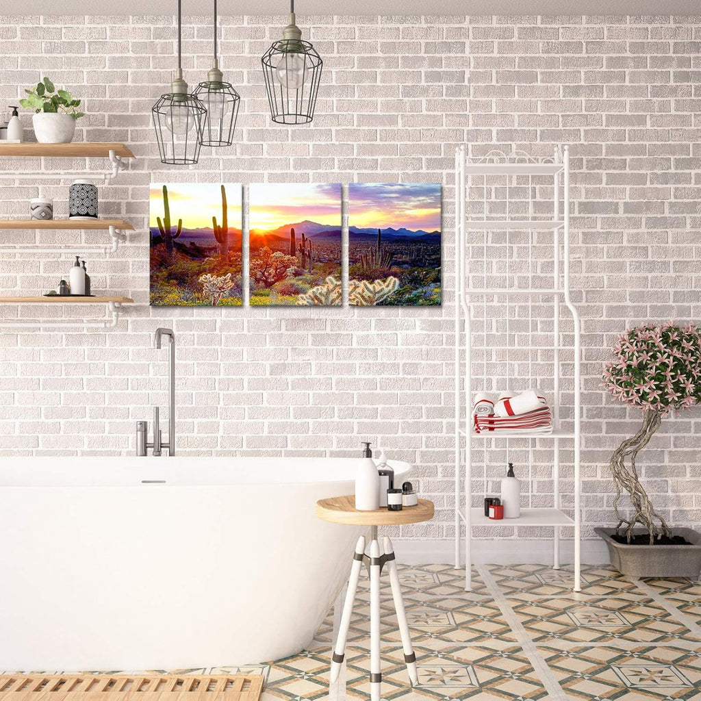 3 Piece Saguaro Cactus Canvas Wall Art Sunset at Arizona Sonoran Desert Landscape Painting Print X259