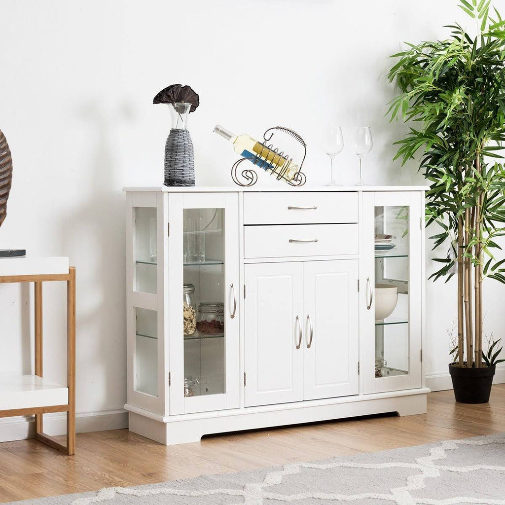 White Buffet Storage Cabinet with Glass Door Drawers G149802