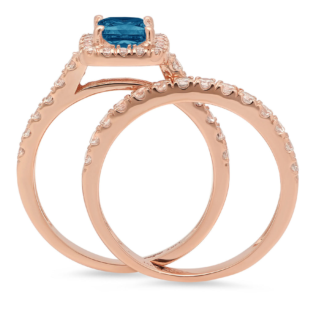 2.01 ct Princess Cut Blue London Blue Topaz 18k Rose Gold Halo Ring Band Set sz 3.5 F674755
