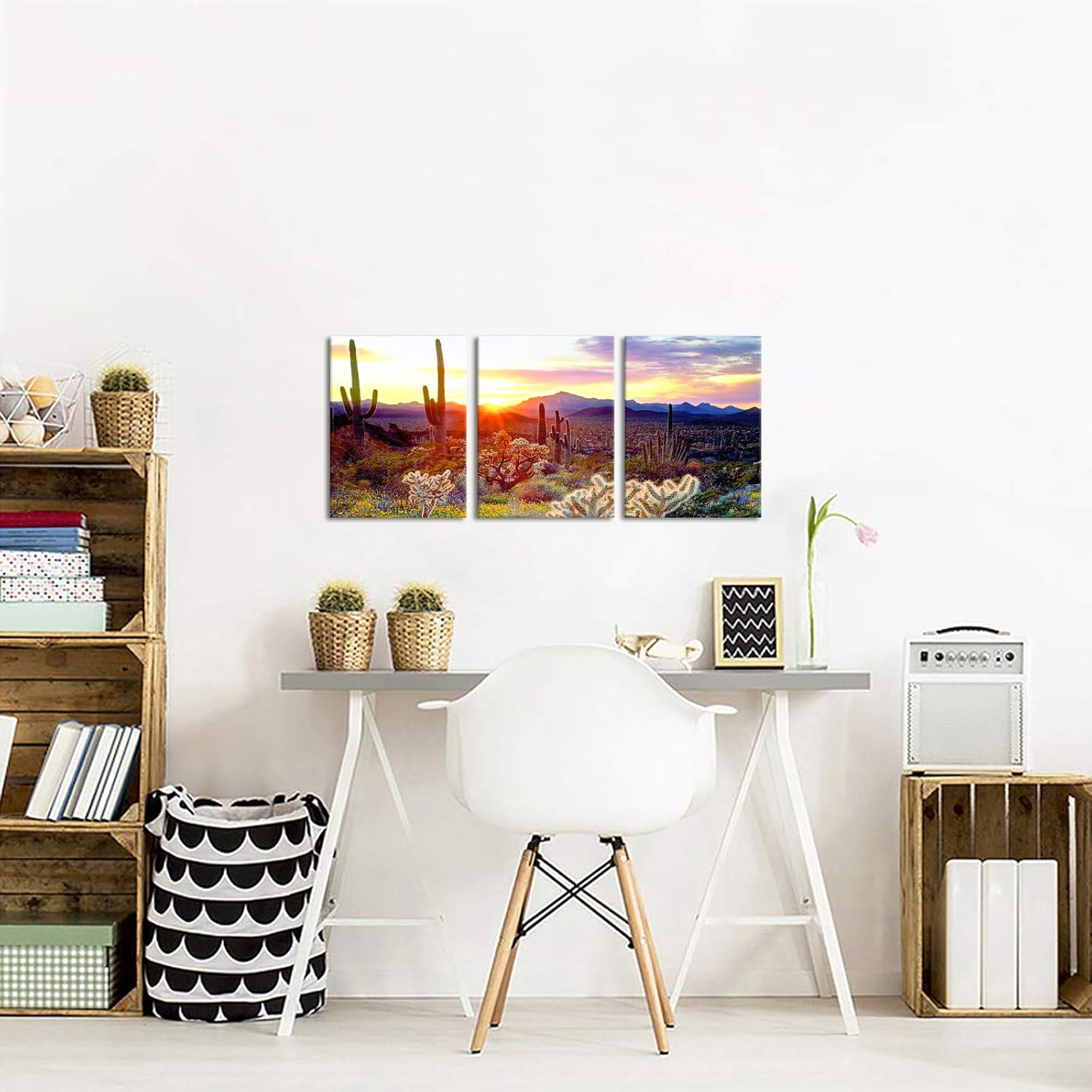 3 Piece Saguaro Cactus Canvas Wall Art Sunset at Arizona Sonoran Desert Landscape Painting Print X259