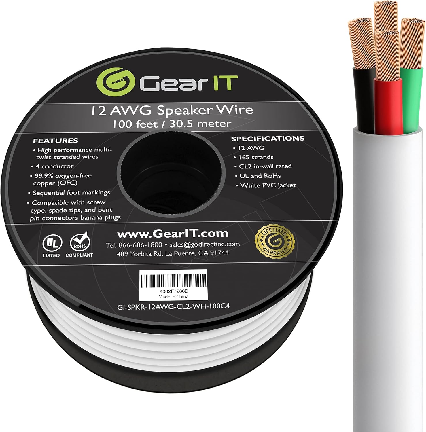 12AWG 4 Conductors CL2 Rated OFC Oxygen-Free Copper Speaker Wire Cable, White, 250 Feet M434712
