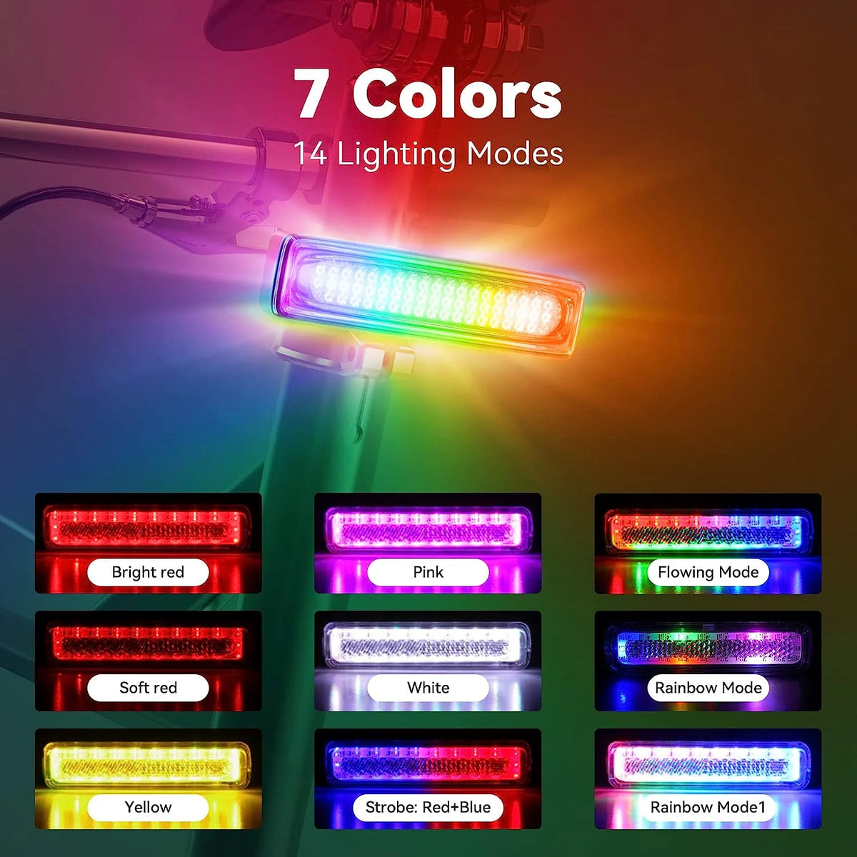 USB-C Rechargeable LED Bicycle Rear Light, Waterproof, 7 Colors 14 Modes E1310