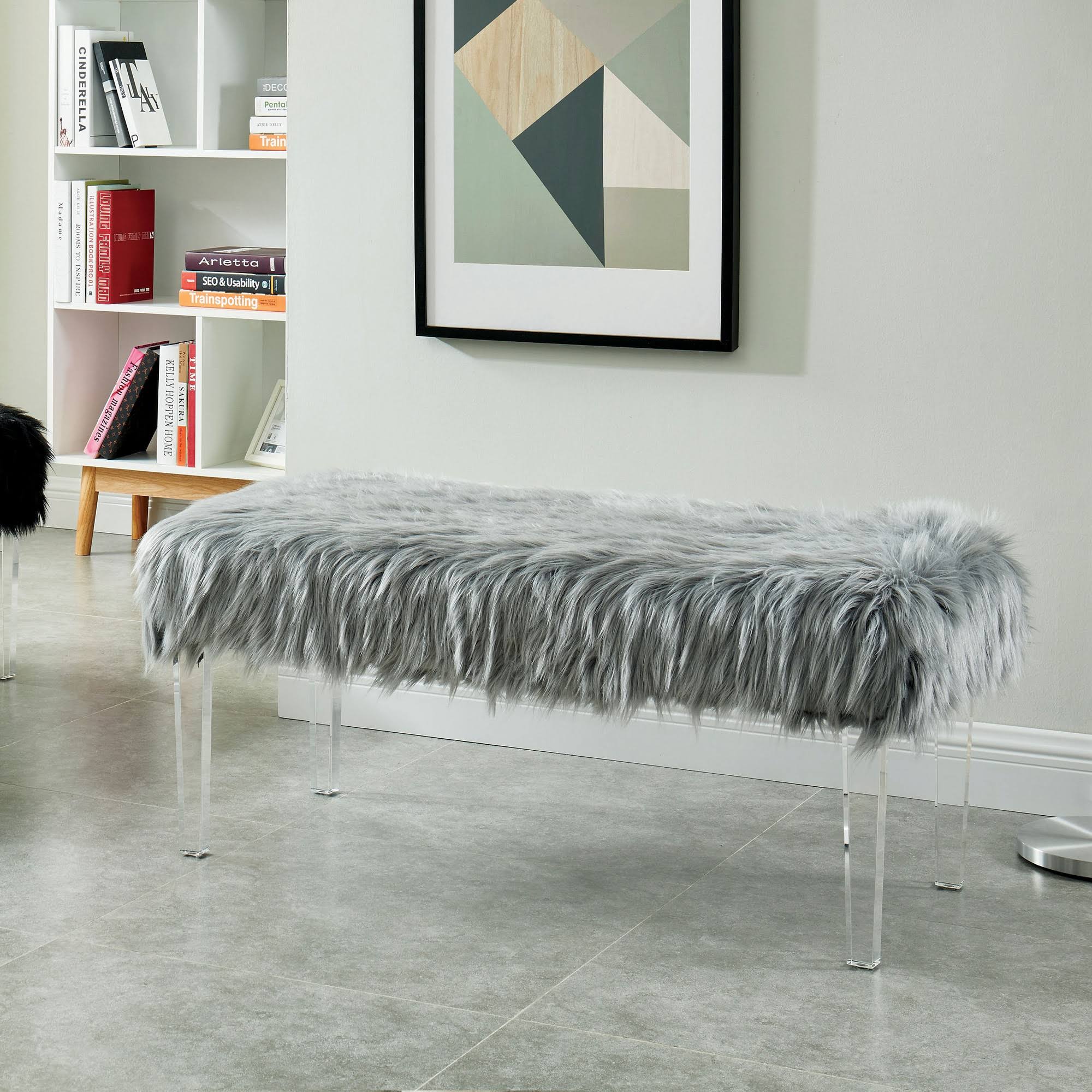 Gray Faux Fur Bench S7593