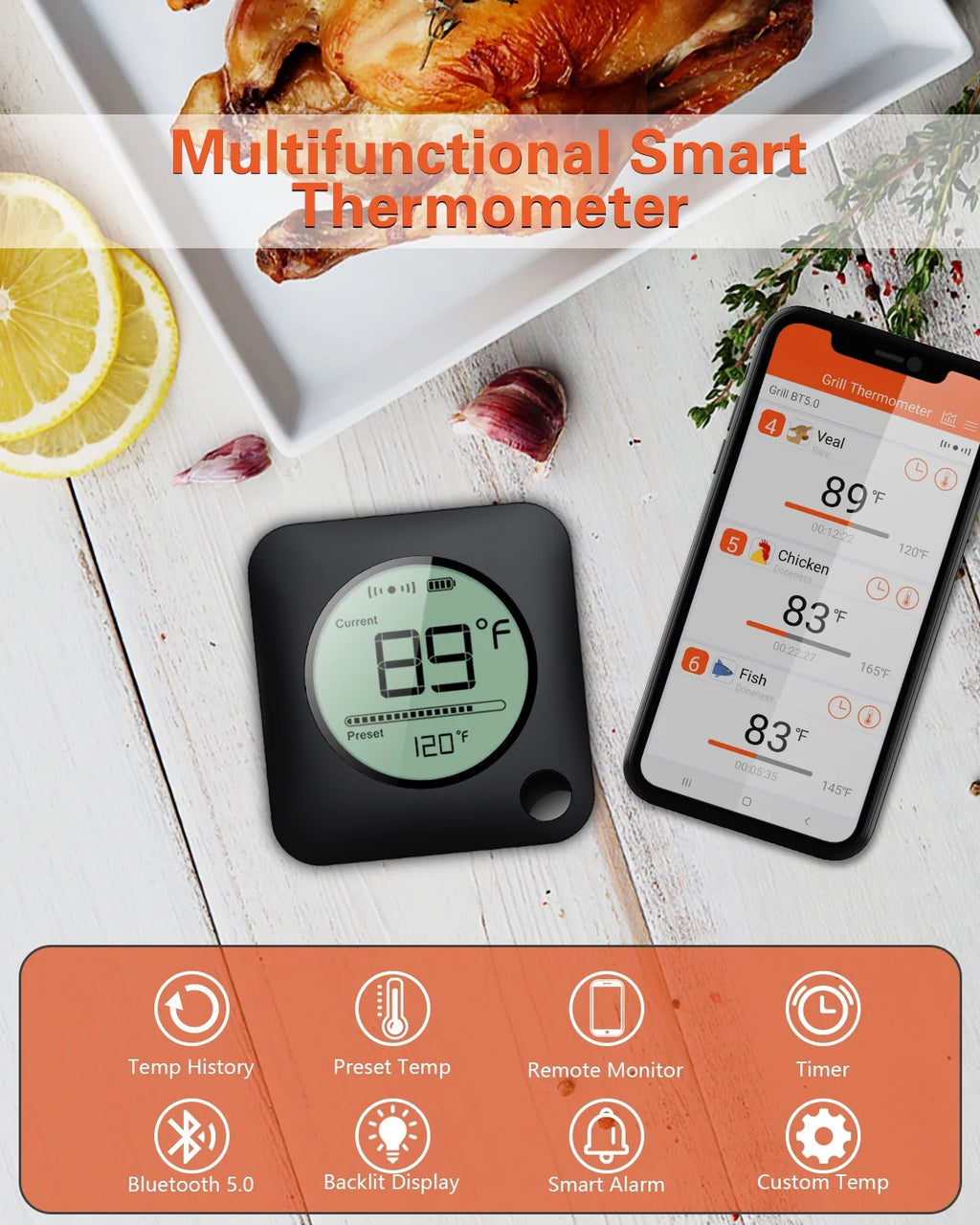 Grill Thermometer Bluetooth Meat Thermometer for Smoker Oven Kitchen N44028