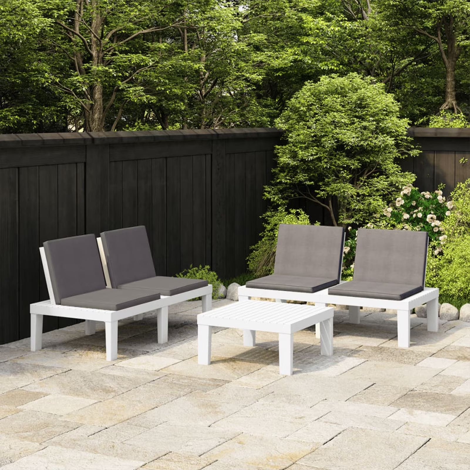 3 Piece Outdoor Patio Lounge Set with Anthracite Cushions, 2 Benches and Table G631