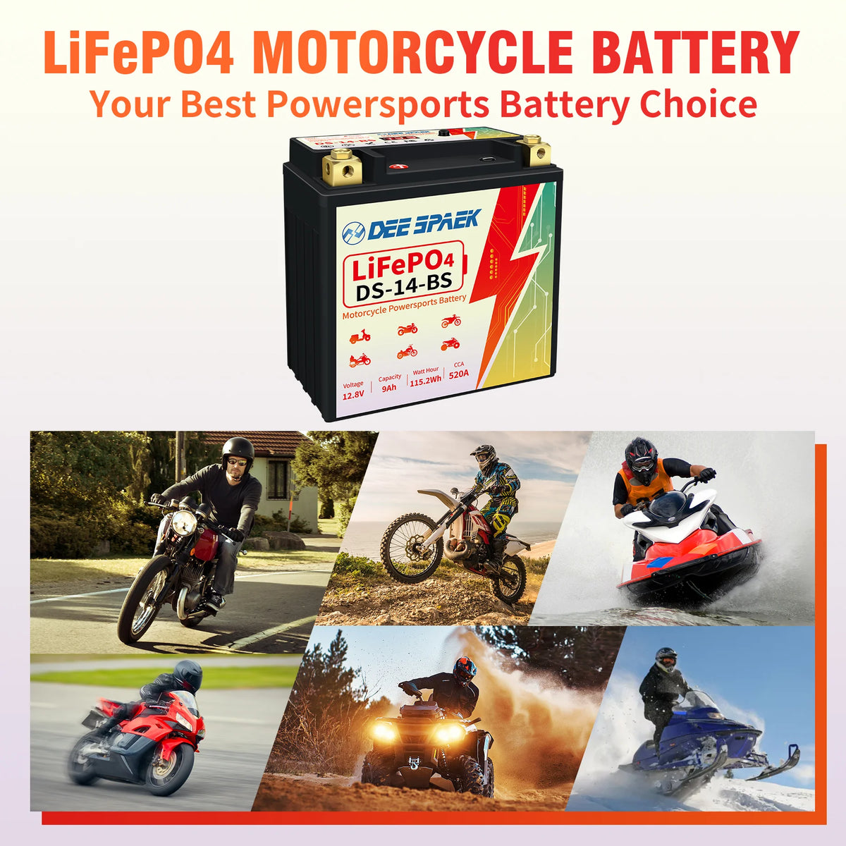 Lithium Motorcycle Battery, 12 Volt 9Ah 520CCA, LiFePO4 ATV Scooter Powersports Battery Replacement P8447