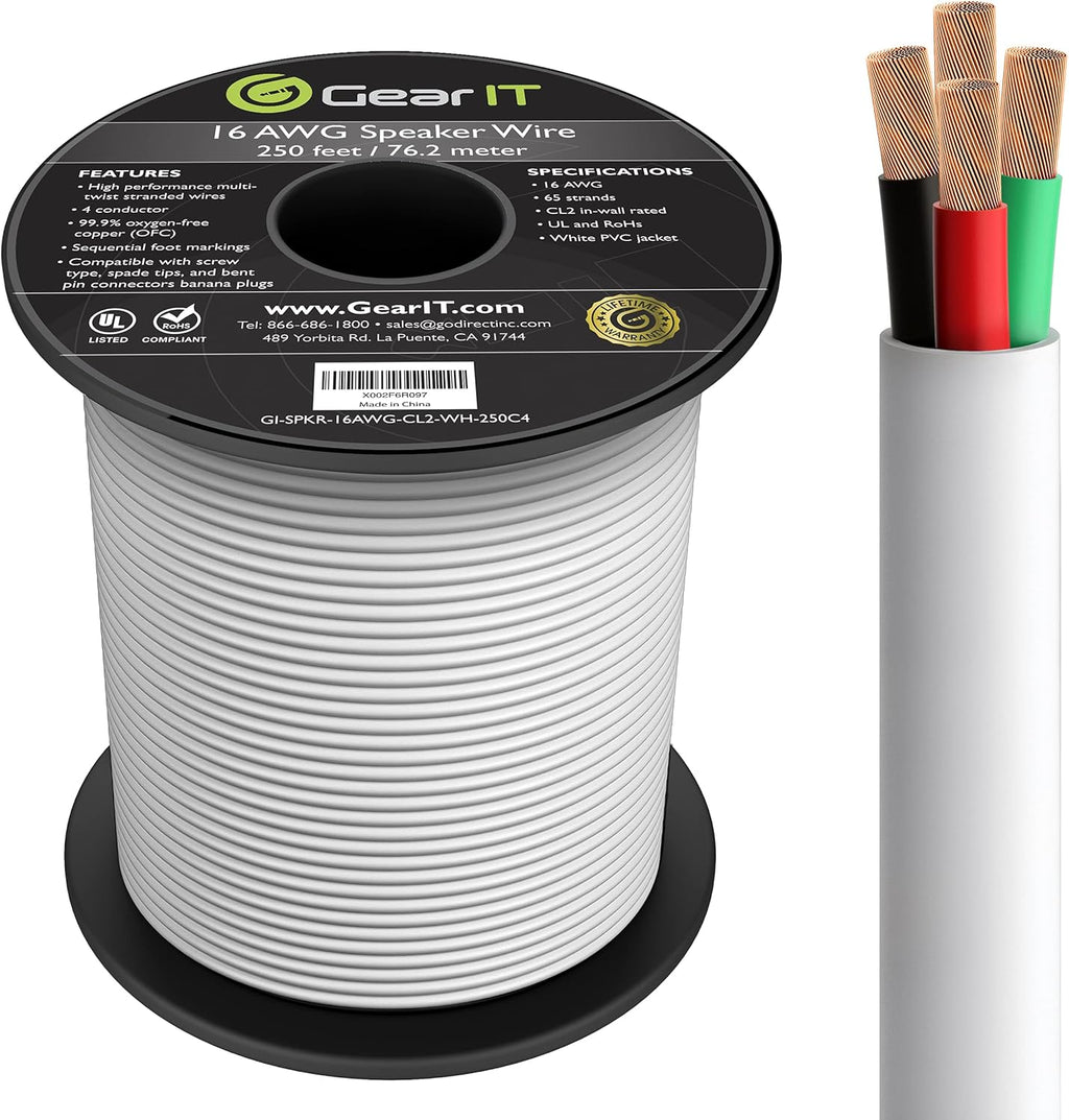 12AWG 4 Conductors CL2 Rated OFC Oxygen-Free Copper Speaker Wire Cable, White, 250 Feet M434712