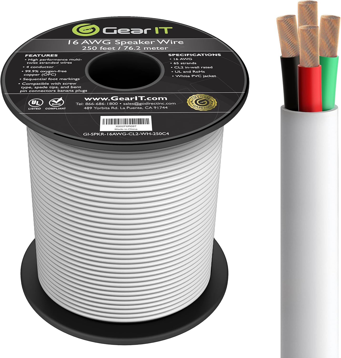 12AWG 4 Conductors CL2 Rated OFC Oxygen-Free Copper Speaker Wire Cable, White, 250 Feet M434712