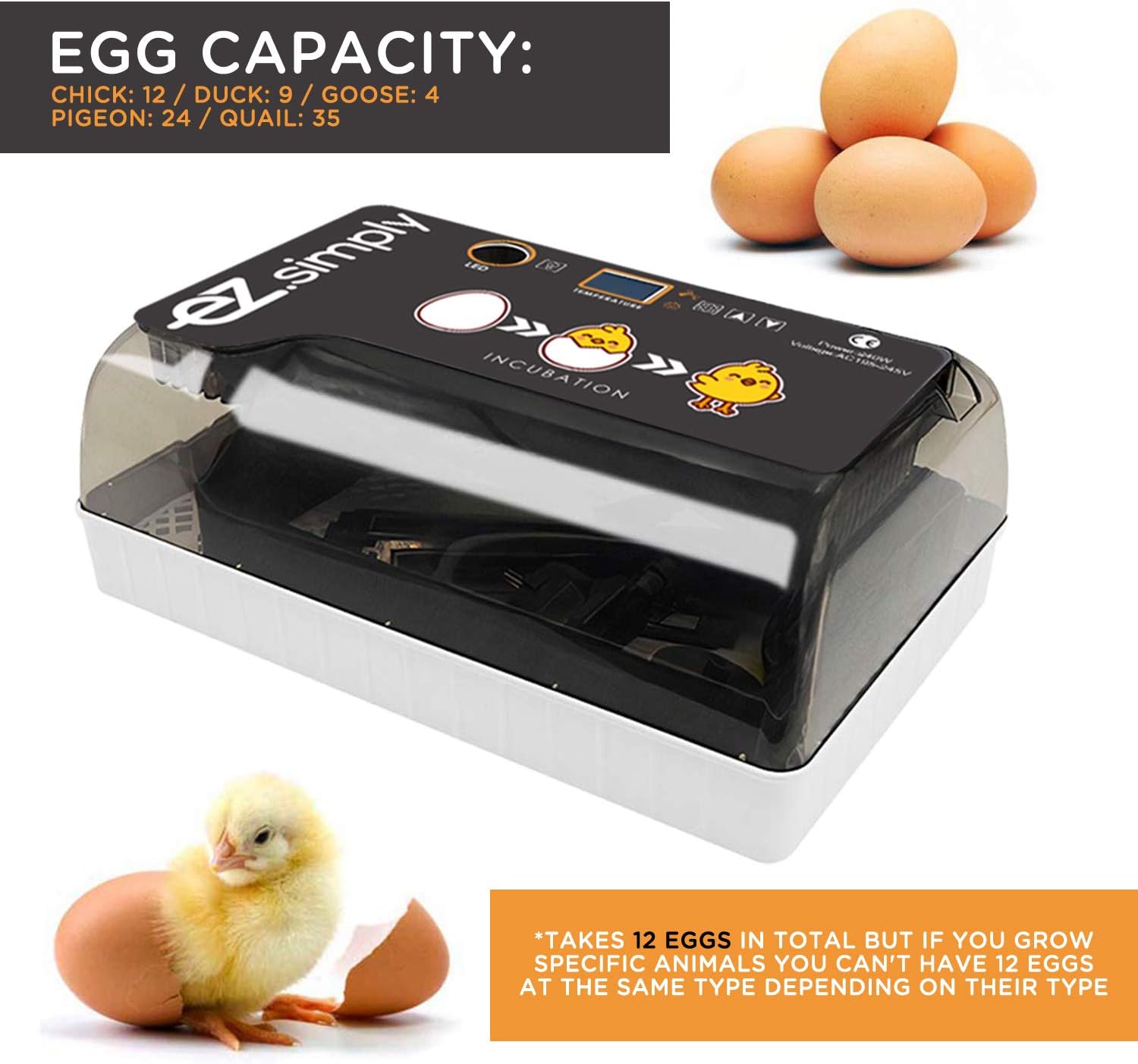 Egg Incubator with Automatic Egg Turning and LED Egg Candler M634584