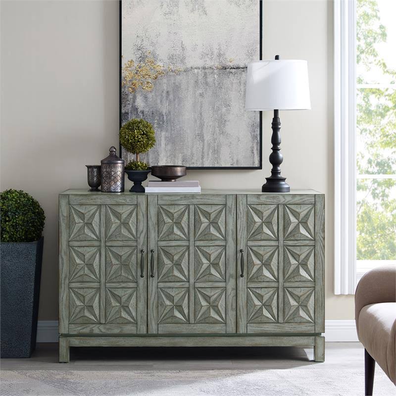 Three Door Carved Wood Console in Distressed Green and Gray Finish N41831