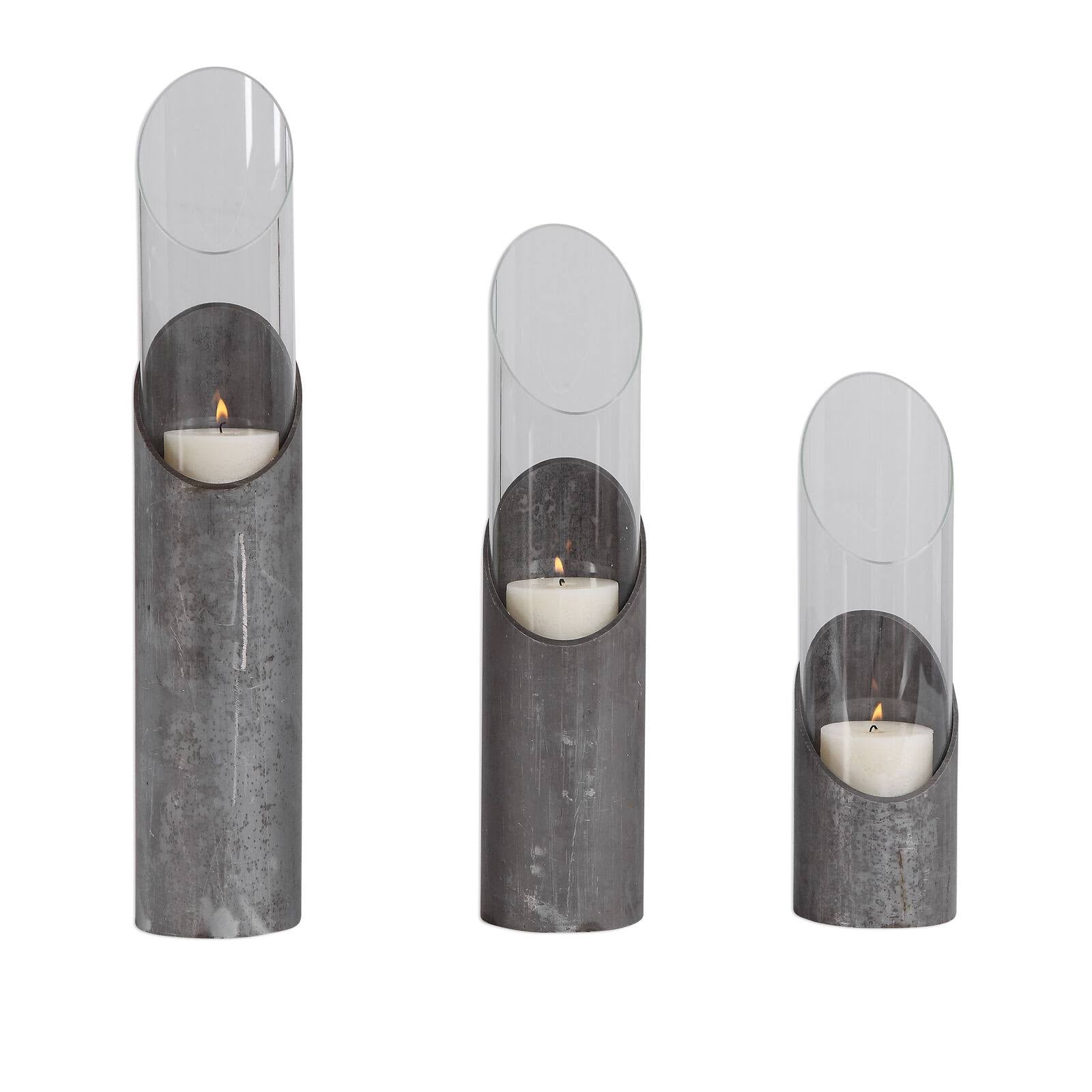 Rustic Modern Raw Iron Pillar Candle Holder Set 3 Cylinder Hurricane P500720