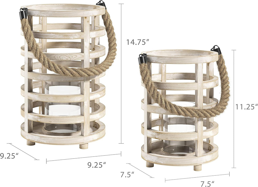 Whitewash Wooden Lantern Candle Holders, Set of 2 V31115