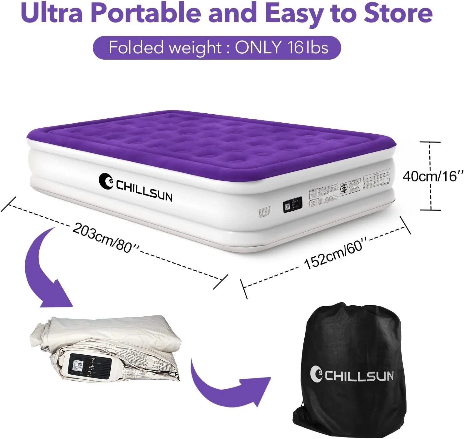 Queen Size 16 inch Inflatable Air Mattress with Built-in Pump A7864