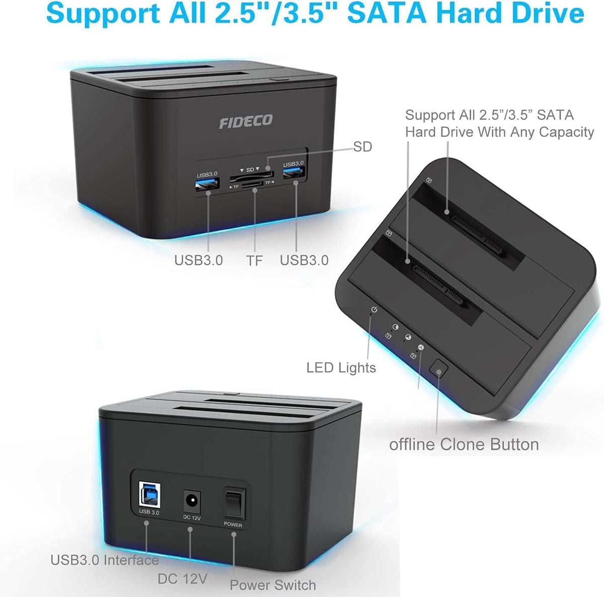 USB 3.0 Dual-Bay External Hard Drive Docking Station with Offline Clone Function and SD Card Slots for 2.5/3.5 Inch SATA HDD SSD E435