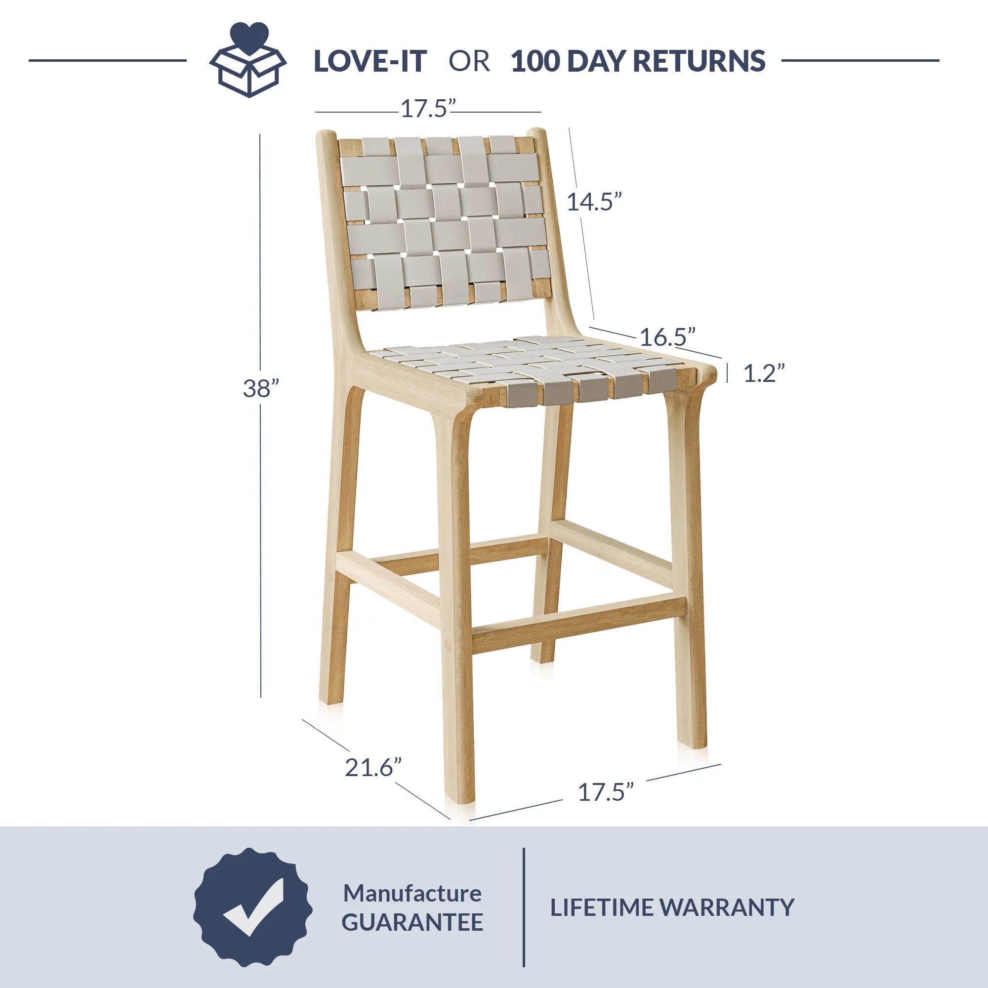 Woven Counter Stools 24 inch Set of 2, Faux Leather Bar Stools with Back Solid Wood Frame G1814
