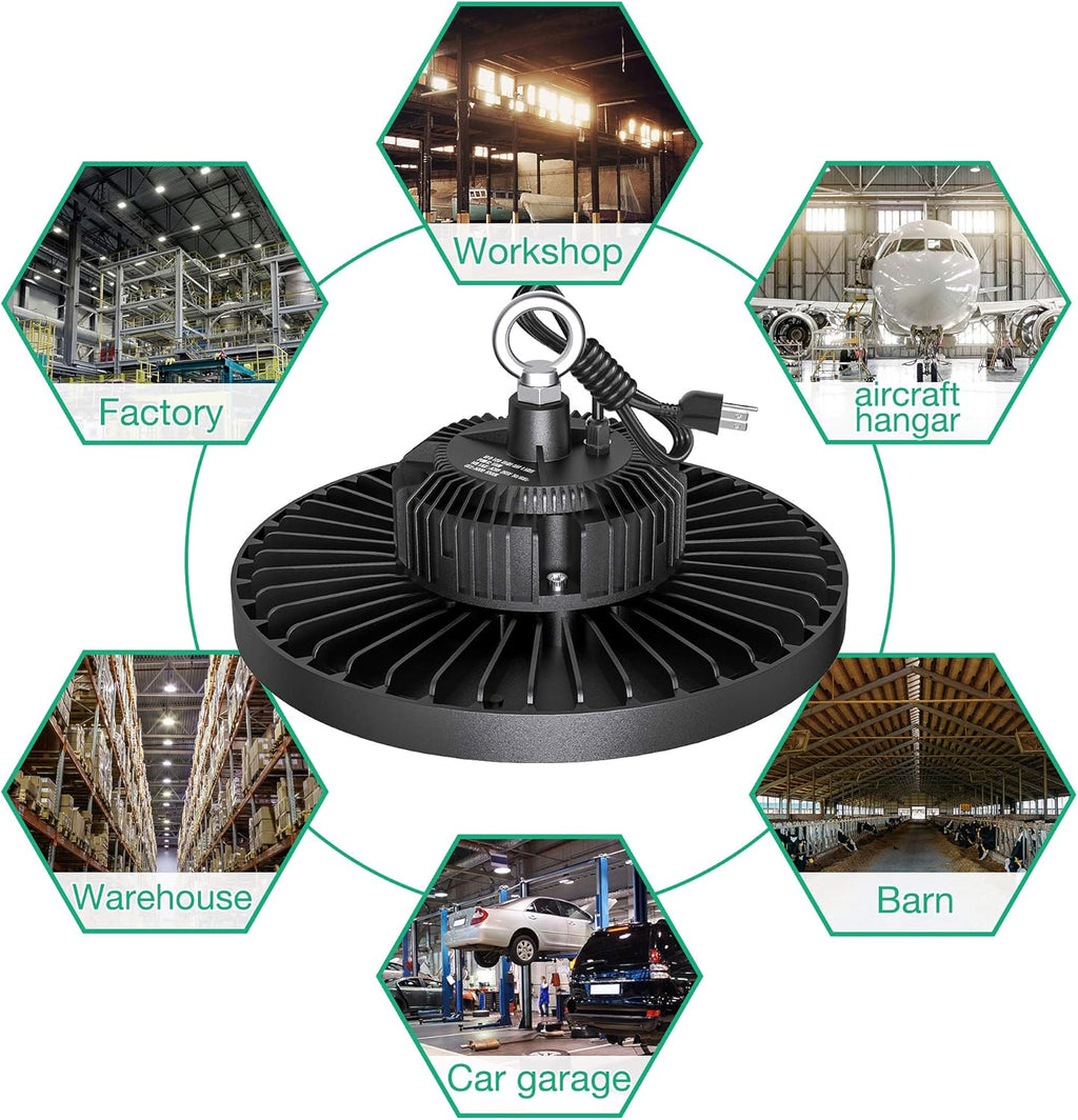 2 Pcs UFO LED High Bay Light, 150W, 21000 LM, 5000K Daylight, IP65 Waterproof, Non-Dim, 5ft Cable with US Plug Y394