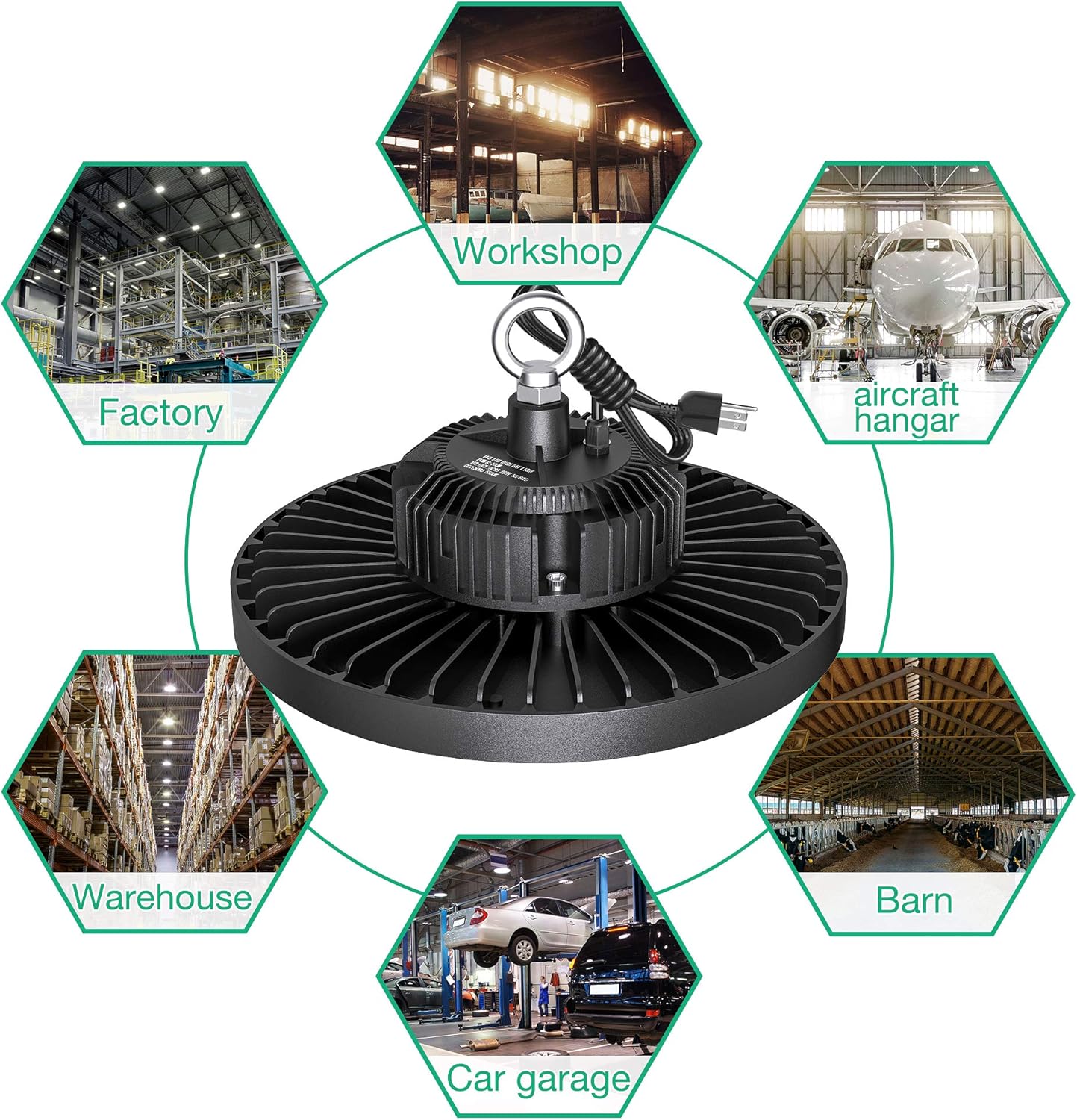 2 Pcs UFO LED High Bay Light, 150W, 21000 LM, 5000K Daylight, IP65 Waterproof, Non-Dim, 5ft Cable with US Plug Y394