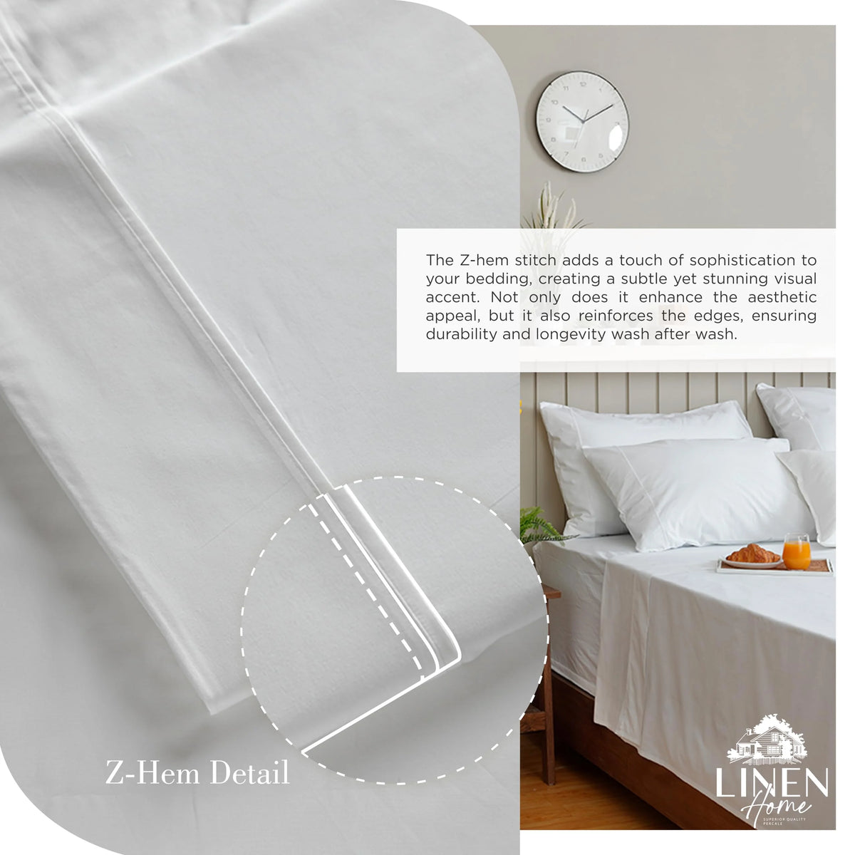 Queen Size 100% Cotton Percale Sheets, 4 Piece Set, White N266