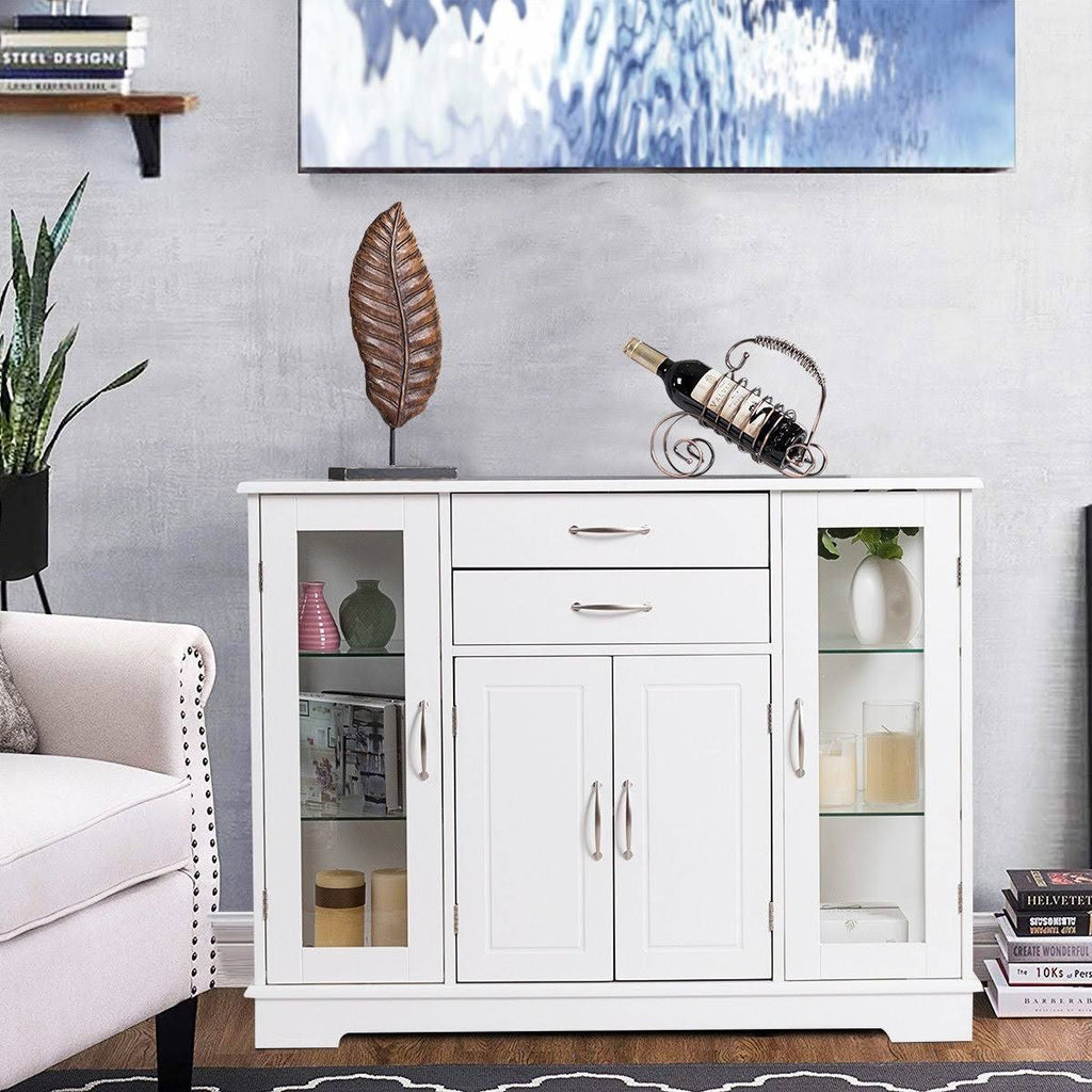 White Buffet Storage Cabinet with Glass Door Drawers G149802