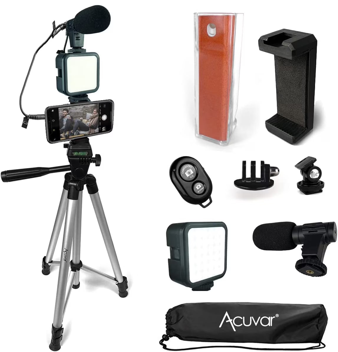 50" Tripod Vlogging Kit with 2 LED Lights, Phone Holder, Gopro Mount, Bluetooth Remote & Screen Cleaner Stand Y261