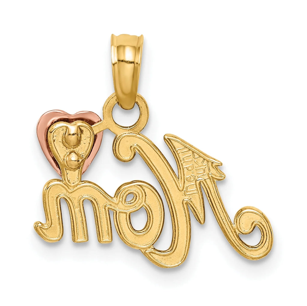 14K Two-Tone Gold Mom With Heart Pendant with 10K Yellow Gold Rope Chain 16" E205