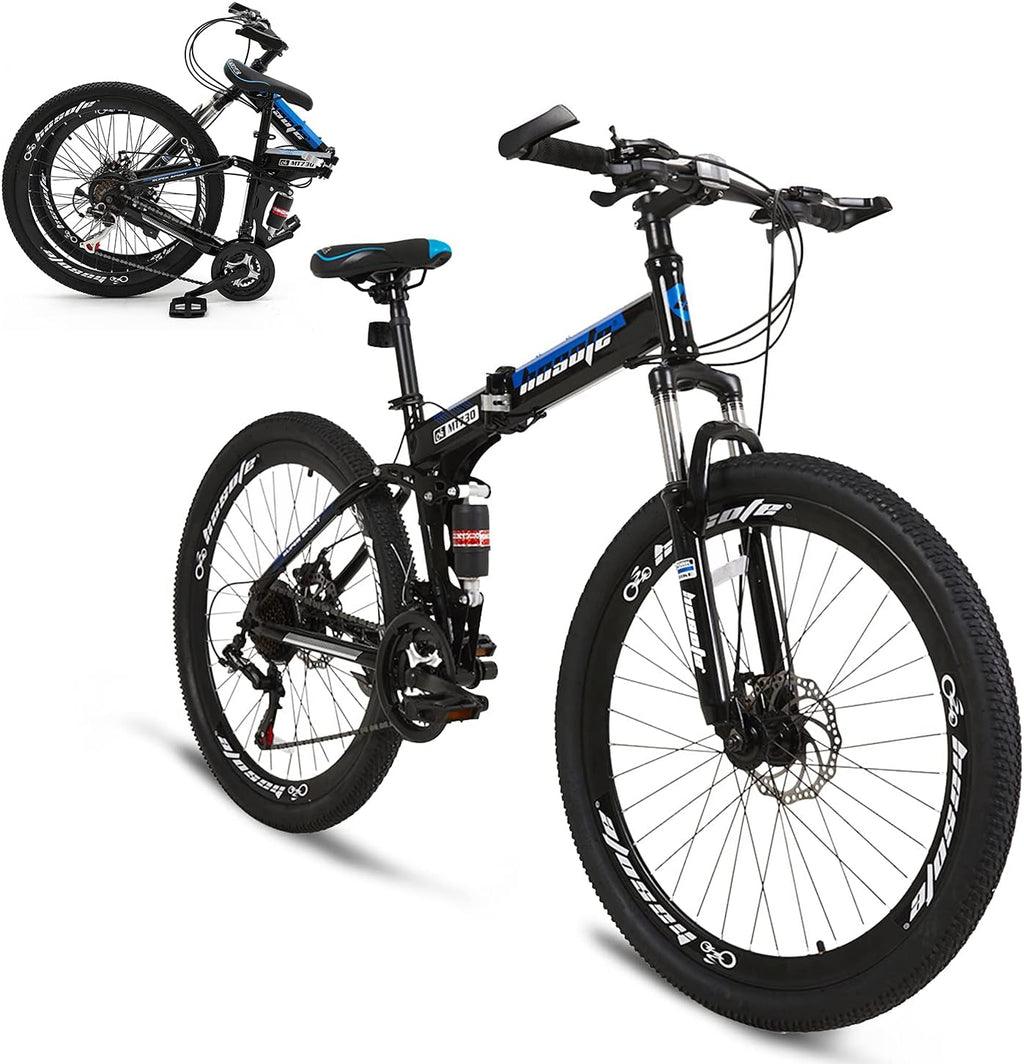 26 Inch Folding Full Suspension Mountain Bike, 21 Speed High-Tensile Carbon Steel Frame, Dual Disc Brake Bicycle O113