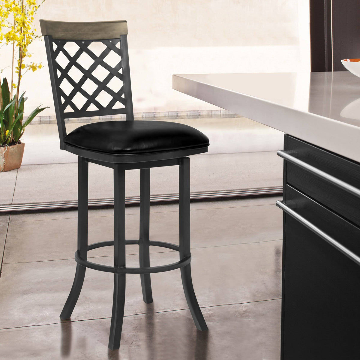 26x22 Counter Height Barstool in Mineral Finish with Vintage Black Faux Leather and Grey Walnut L436238