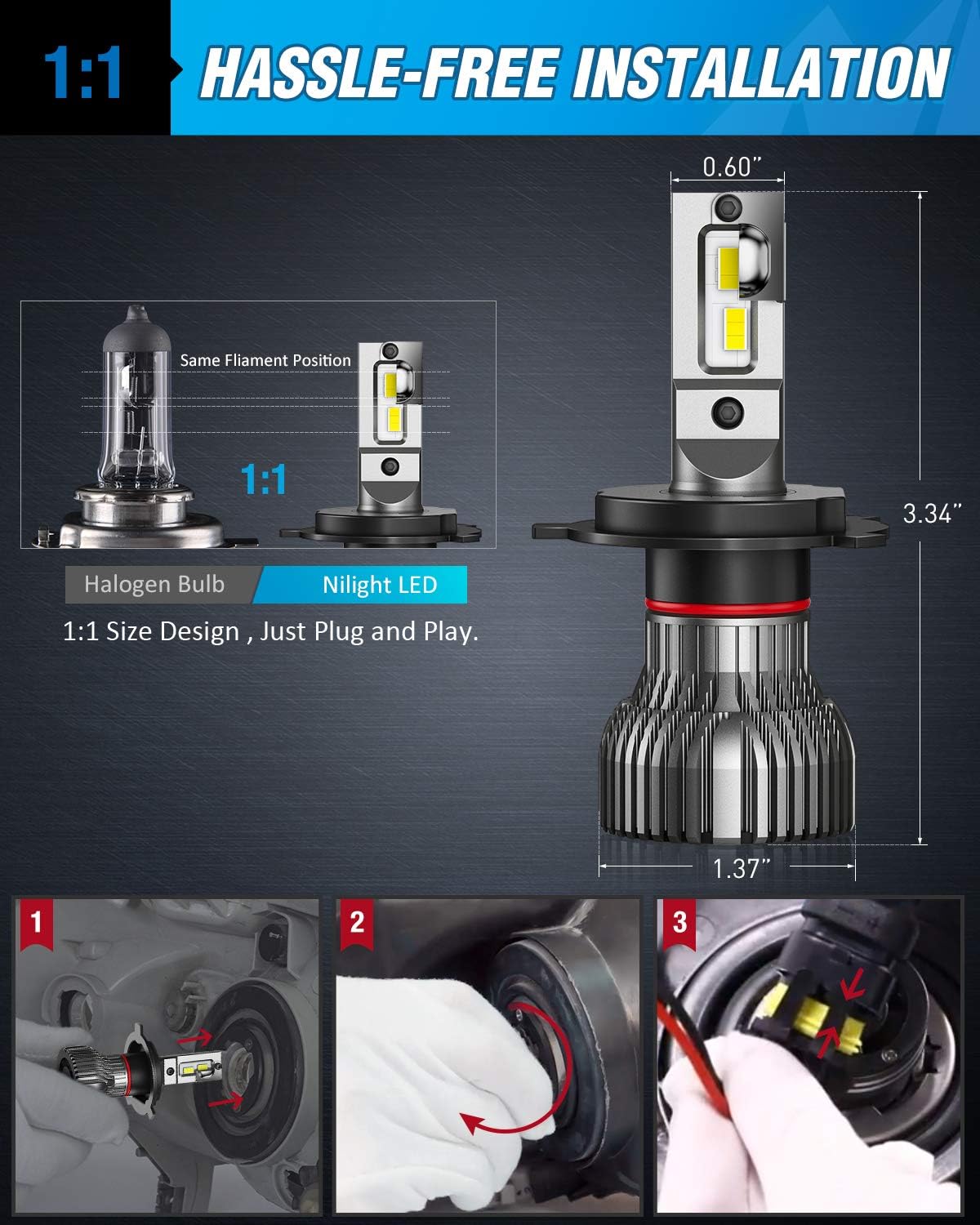 H4 LED Headlight Bulbs 6500k Cool White IP67 Pack of 2 C862916