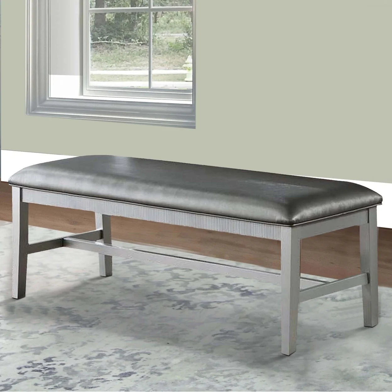 Silver Padded Metallic Gray Faux Leather Dining Bench N438