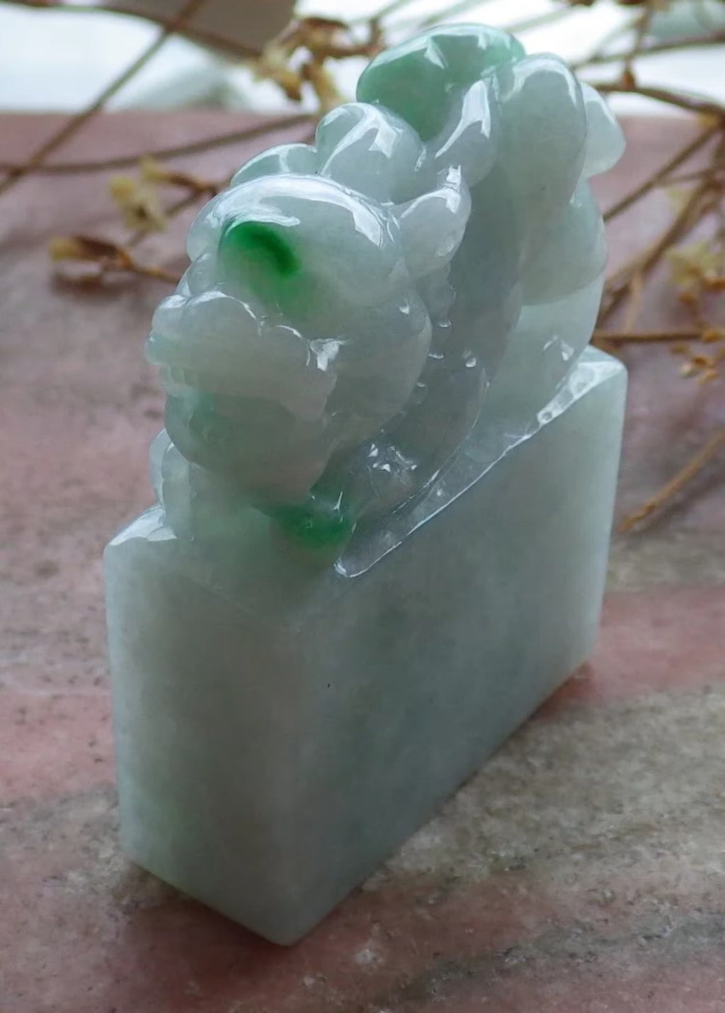 Green Natural Burma Jade Dragon Pi Xiu Chop Seal Display F147