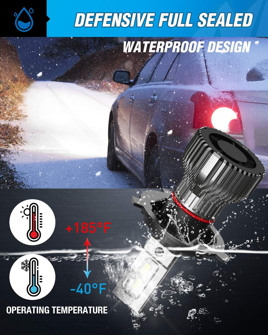 H4 LED Headlight Bulbs 6500k Cool White IP67 Pack of 2 C862916
