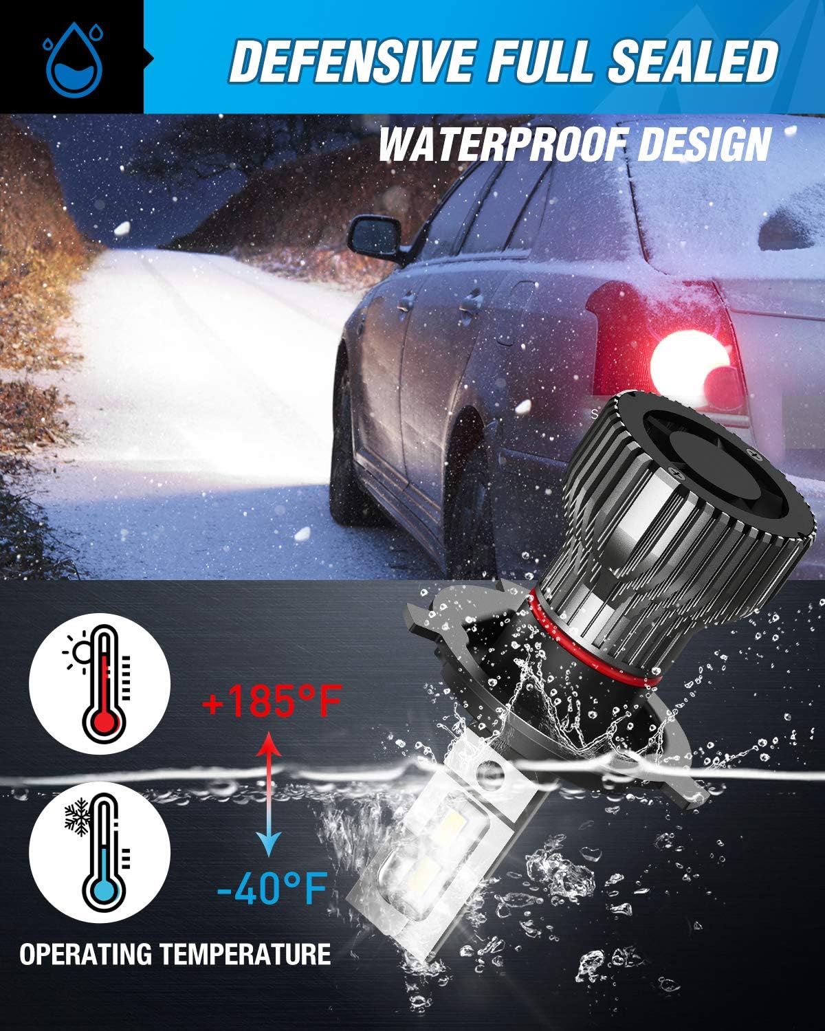 H4 LED Headlight Bulbs 6500k Cool White IP67 Pack of 2 C862916