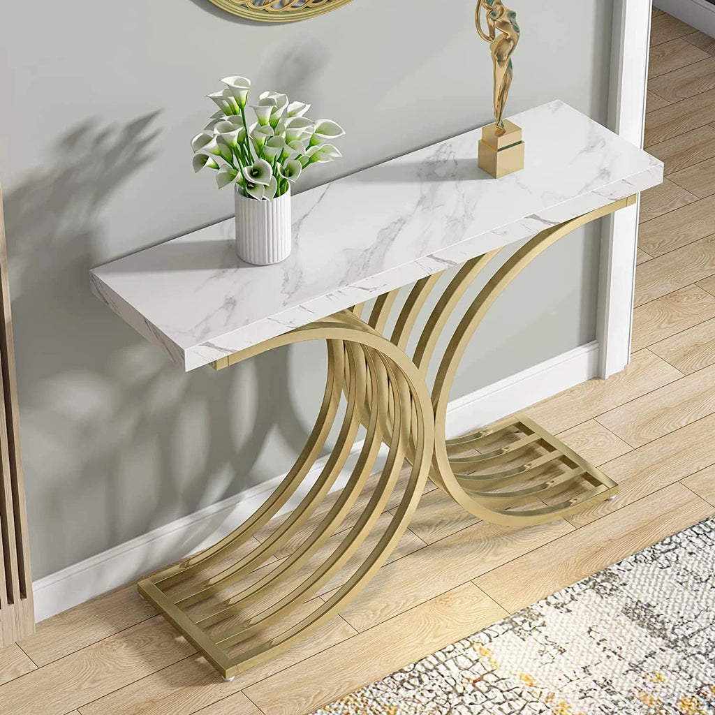 Console Table with Gold Metal Base and Faux Marble R5701