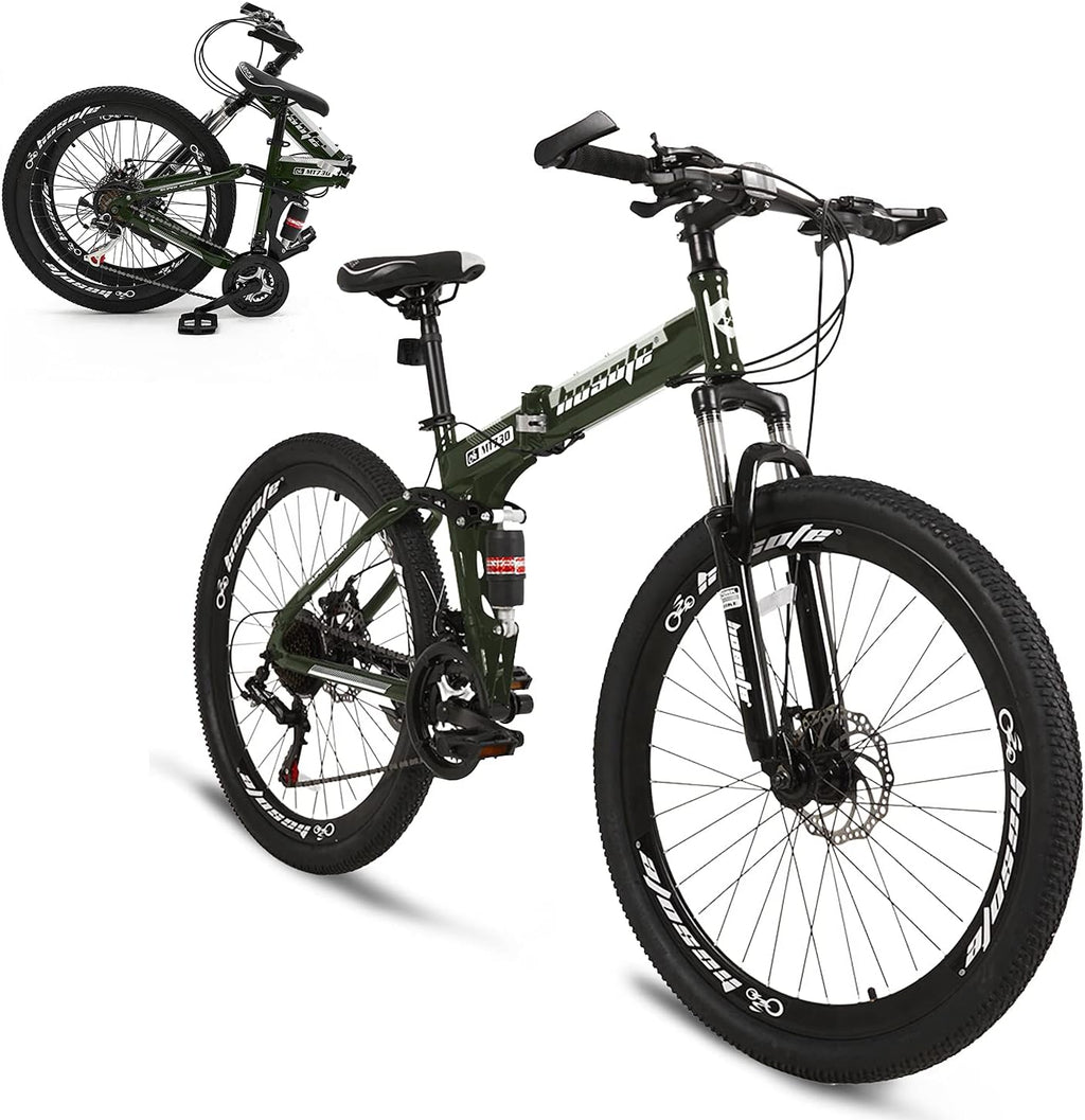 26 Inch Folding Full Suspension Mountain Bike, 21 Speed High-Tensile Carbon Steel Frame, Dual Disc Brake Bicycle O113