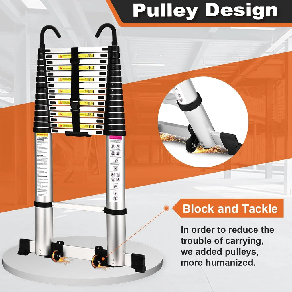 12.5 FT Aluminum Telescoping Extension Ladder with 2 Triangle Stabilizers I951630