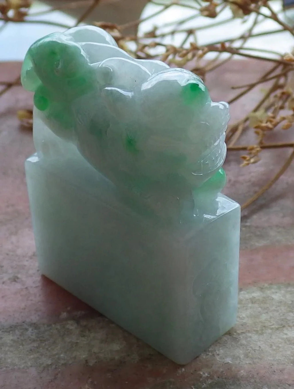 Green Natural Burma Jade Dragon Pi Xiu Chop Seal Display F147