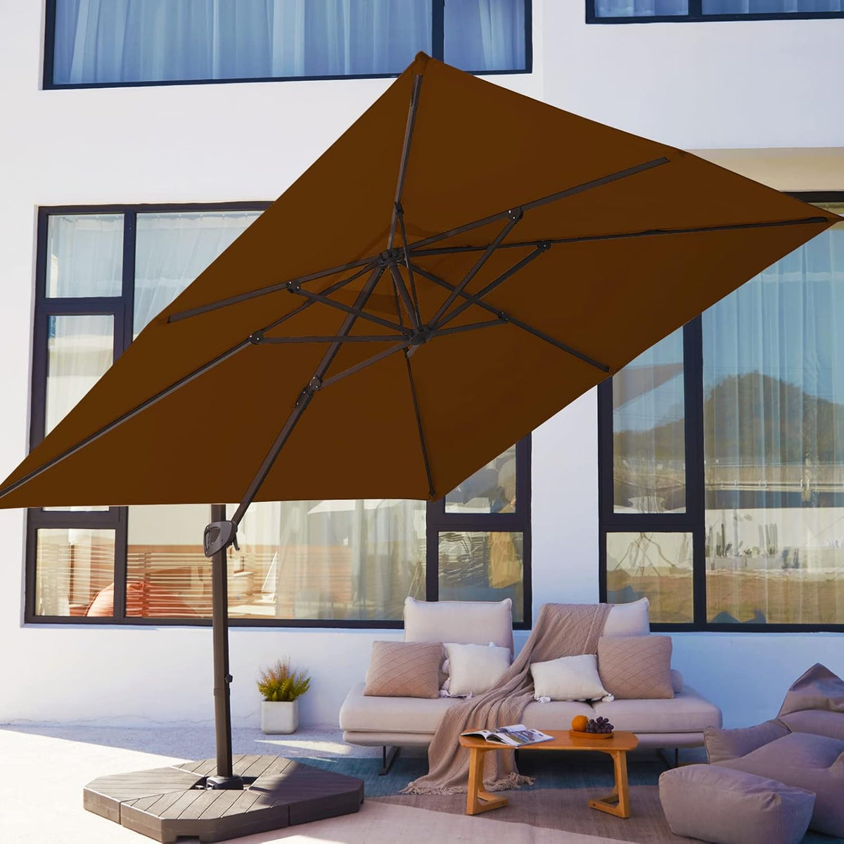Beige 9x9 FT Square Cantilever Patio Umbrella with Aluminum Frame Y865473
