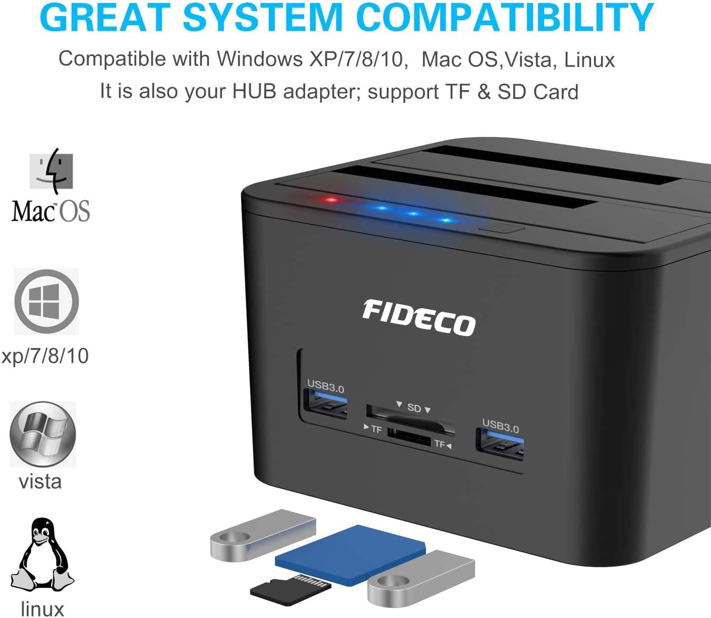 USB 3.0 Dual-Bay External Hard Drive Docking Station with Offline Clone Function and SD Card Slots for 2.5/3.5 Inch SATA HDD SSD E435