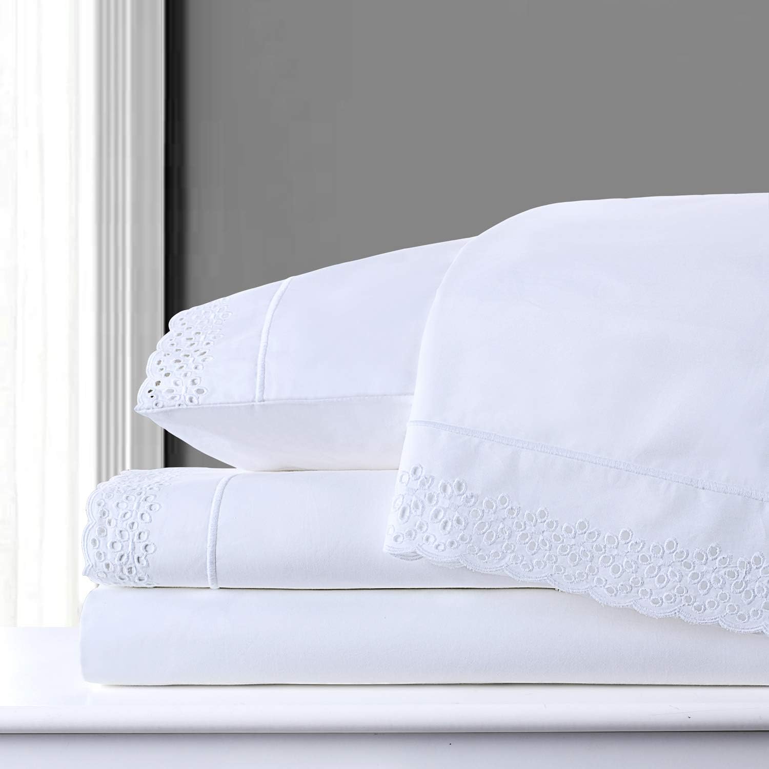 White King Size 100% Combed Cotton Percale Sheets Set with Deep Pocket Embroidered Eyelet Lace Z846