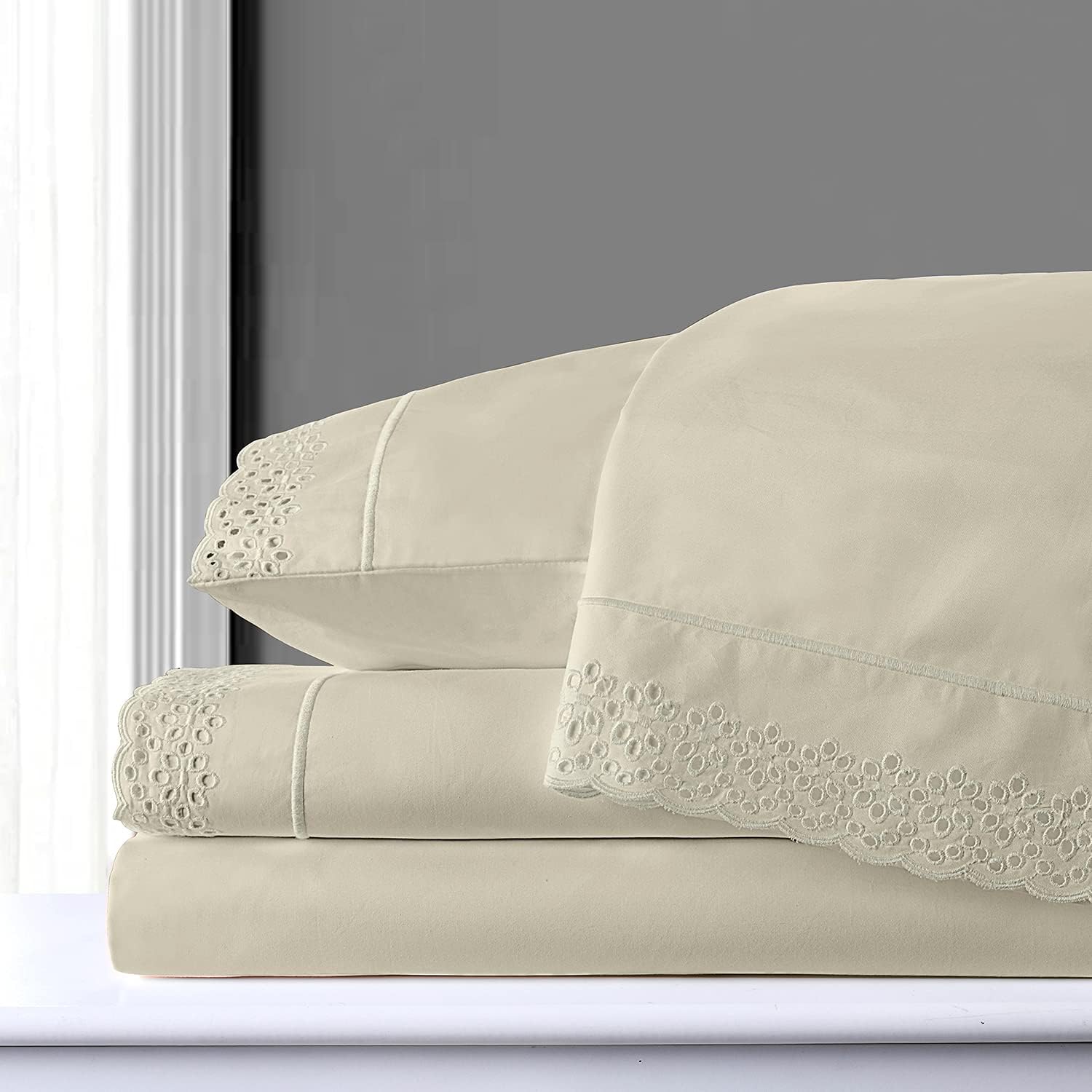 White King Size 100% Combed Cotton Percale Sheets Set with Deep Pocket Embroidered Eyelet Lace Z846