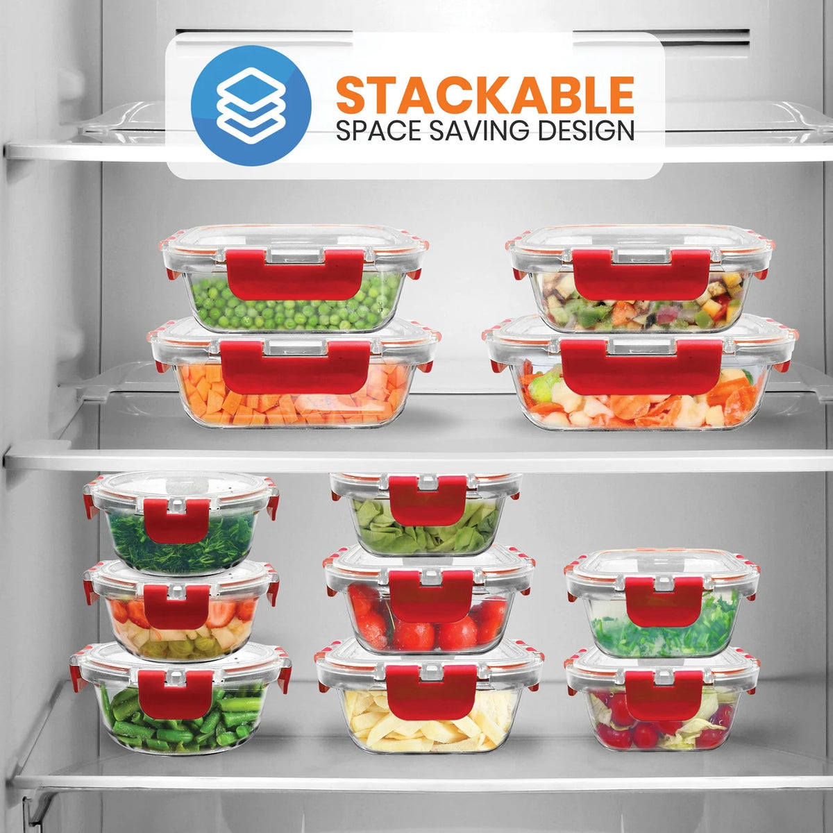 24-Piece Glass Food Storage Set with Locking Hinge Red Lids N3999