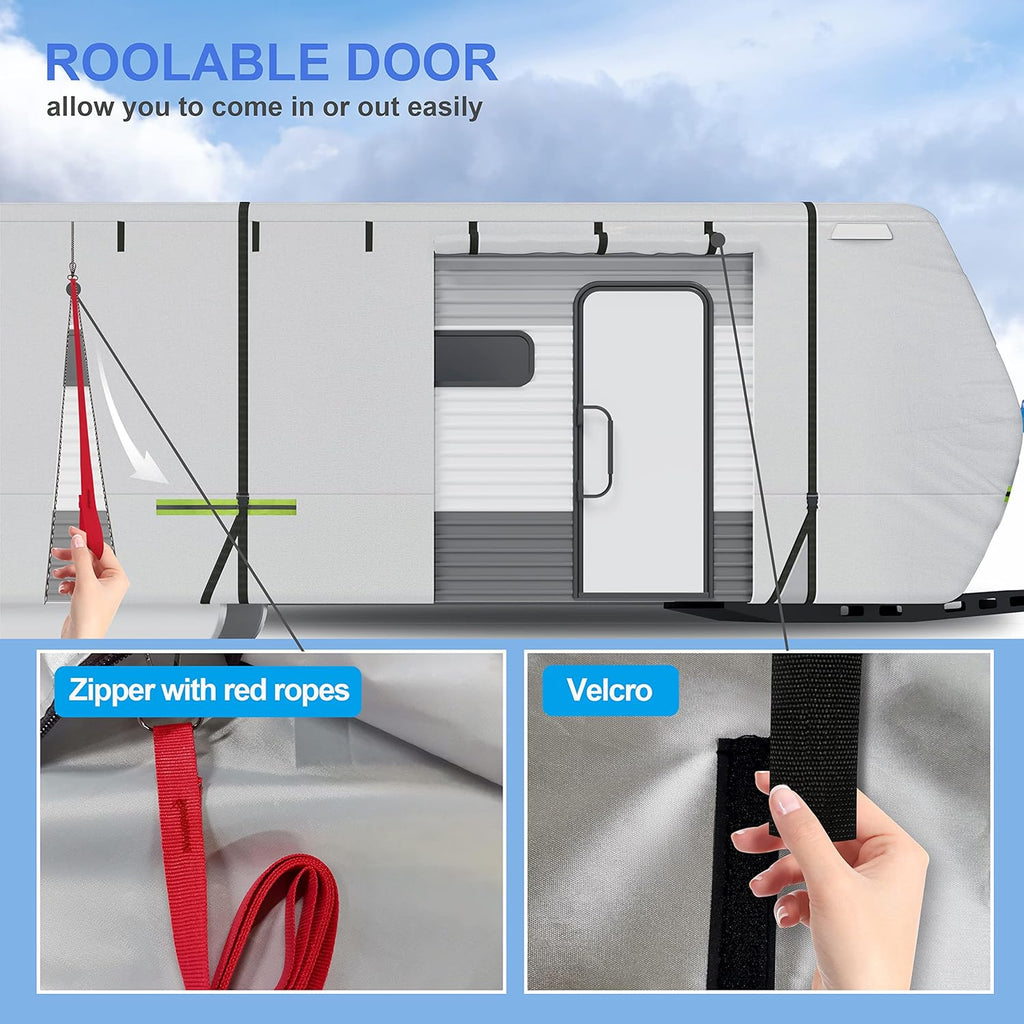 Travel Trailer Cover, 500D Rip-Stop Windproof RV Cover Fits 20'-22' Motorhome, Waterproof Camper Cover with Tire Covers, Windproof Straps, Tongue Jack Cover, Gutter Covers U88409