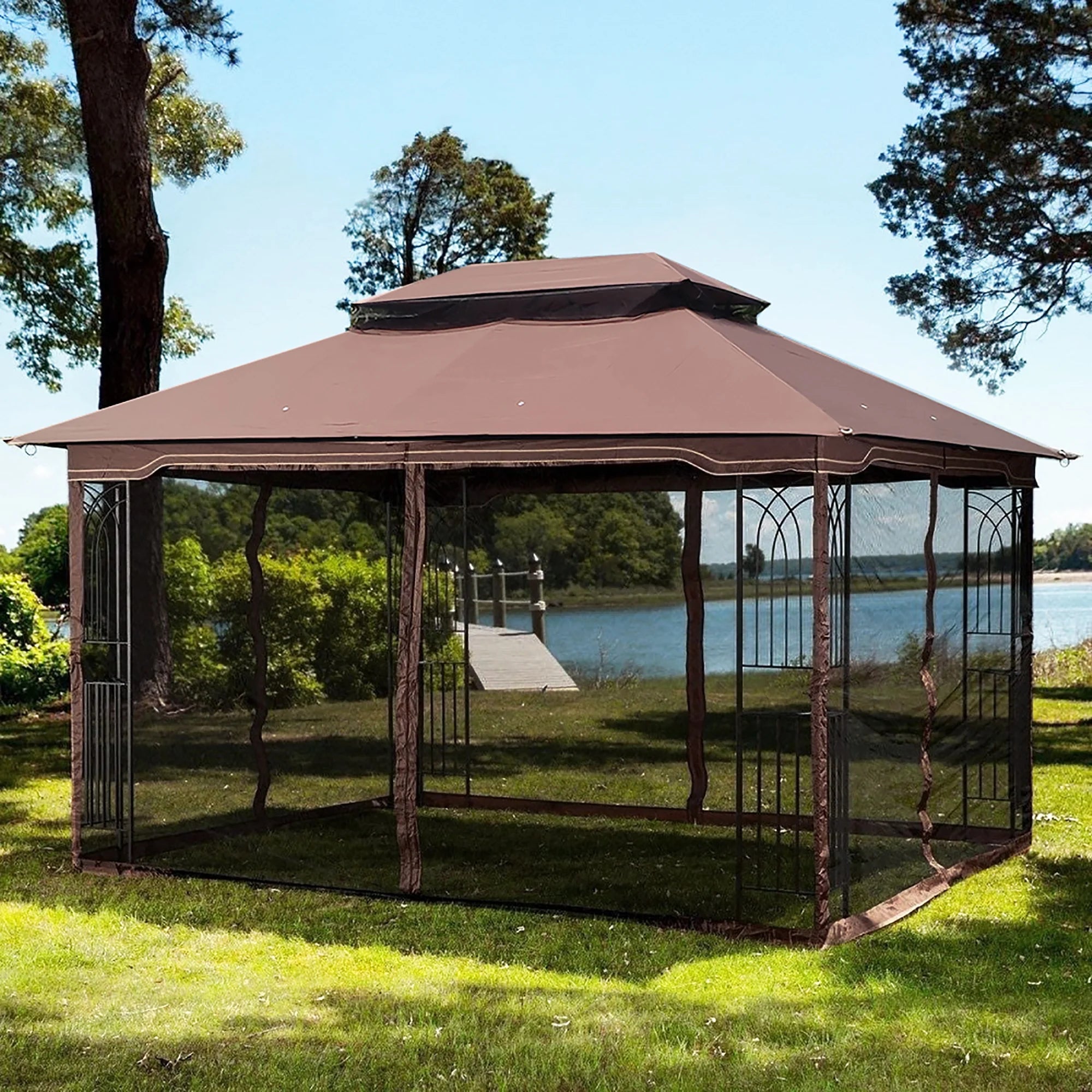 Ventilated Double Roof Gazebo with Mosquito Netting S4854